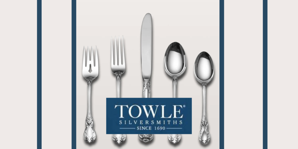 blue and grey graphic with sterling flatware set