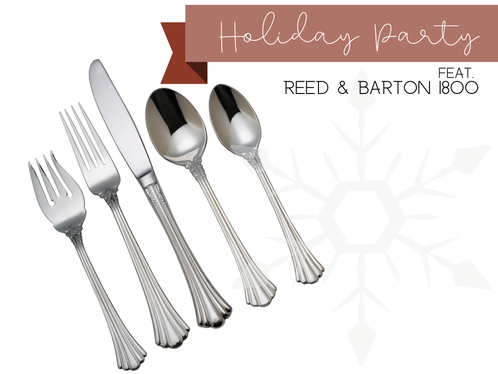 Column style flatware set with red banner saying holiday party