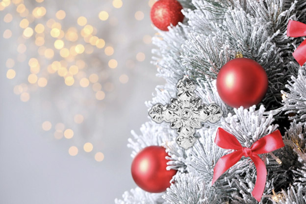 Red Christmas Ornaments on frosted tree