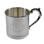 Baby cup engraved with monogram, handle facing right