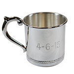 Baby cup engraved with birthdate, handle facing left