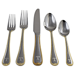 Golden Ribbon Edge Flatware Engraved with T, Handle facing down