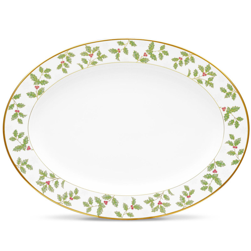 Holly and Berry Gold Oval Platter 15.75 Inches