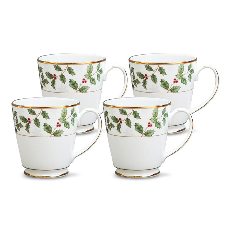 Holly & Berry Gold Mug, Set of 4