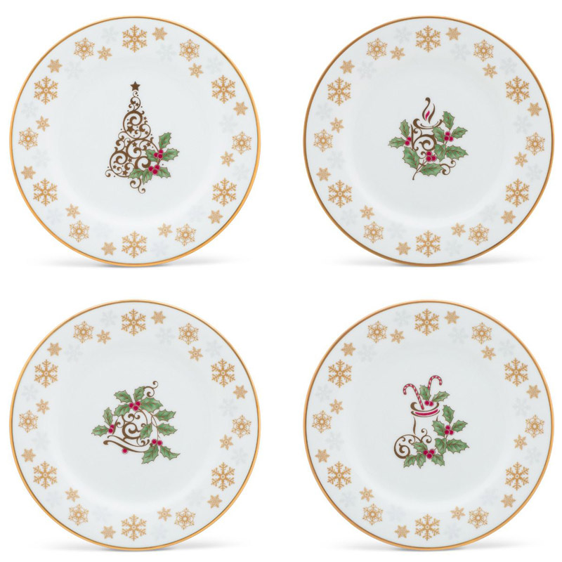 Holly and Berry Gold Holiday Appetizer Plate Set of 4