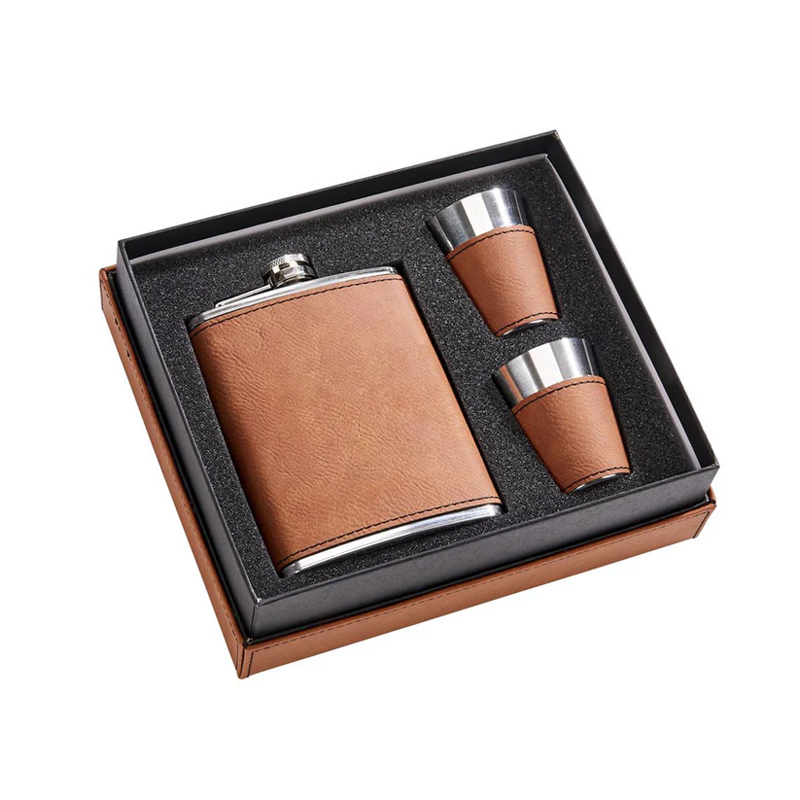 Caramel Leatherette Flask & Stainless Steel Shot Glass Set