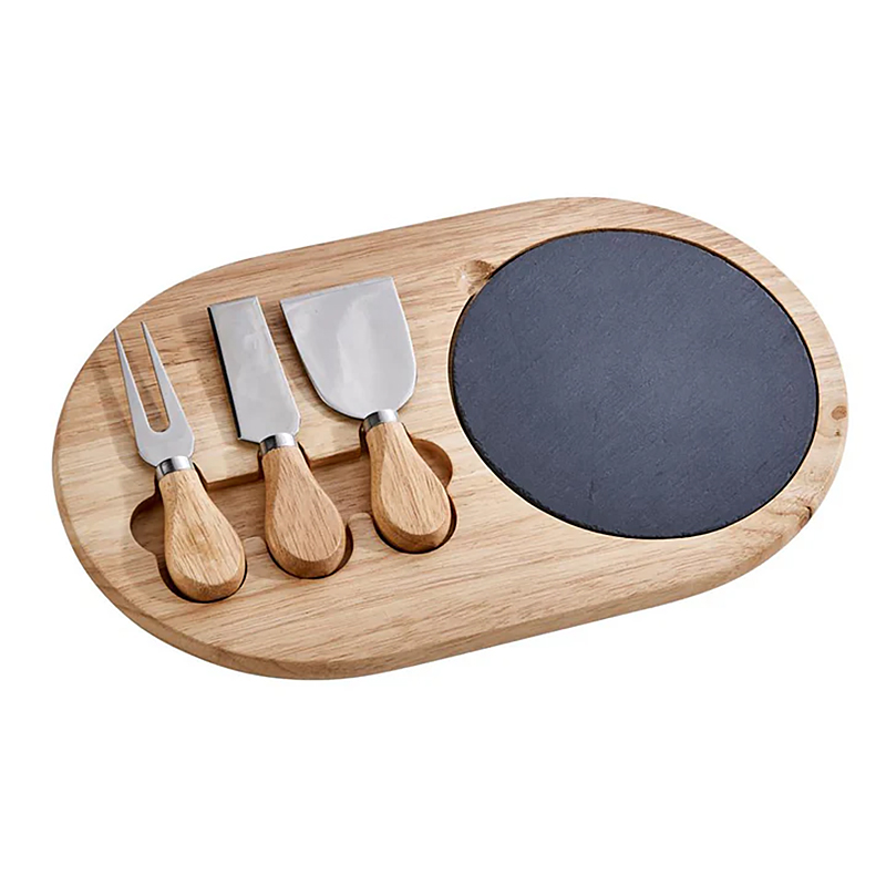 3-Piece Oval Slate & Wood Cheese Board Set