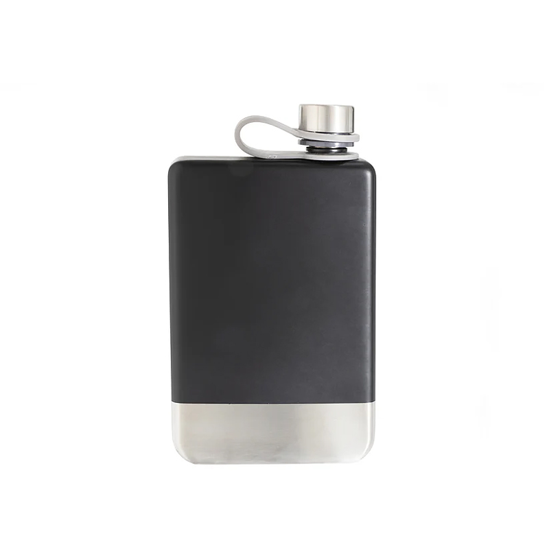 8oz Black Stainless Steel Flask with Silver Bottom