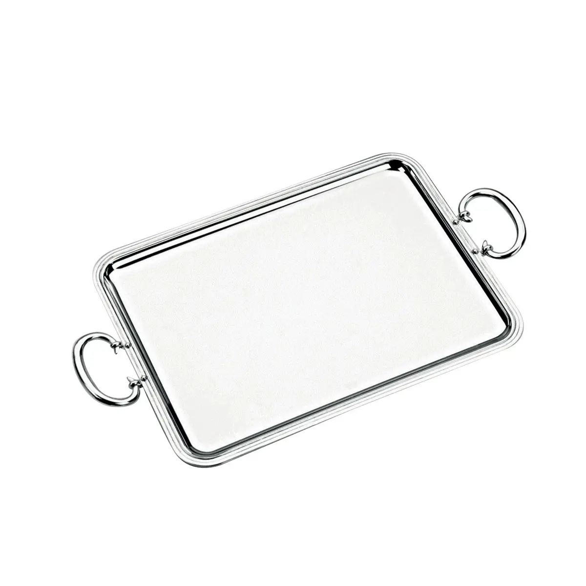 two handled serving tray in shiny silver plate