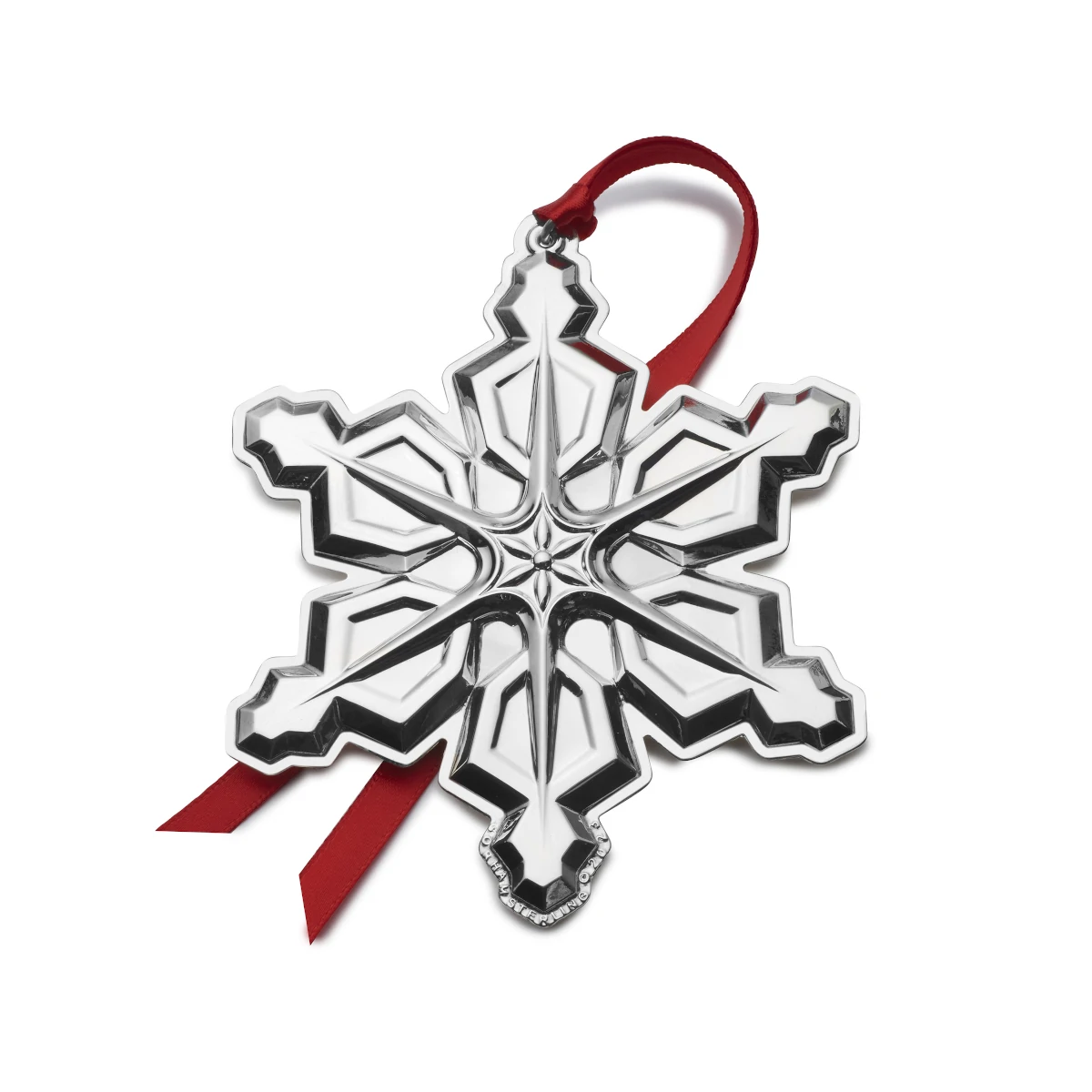 Sterling Silver Snowflake Ornament with red ribbon