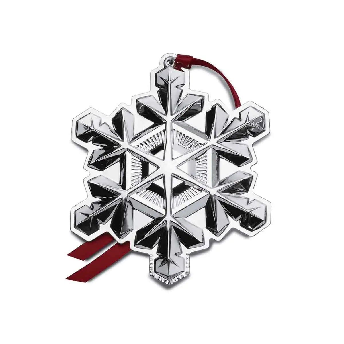 Mirror finished silver snowflake ornament with red ribbon