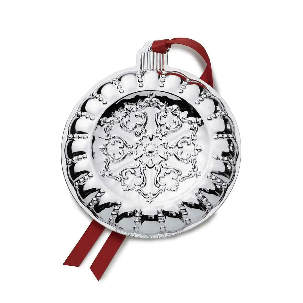 brilliant round chantilly ornament with red ribbon