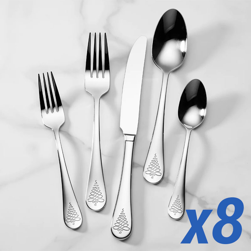 Festive stainless flatware with trees on the handles