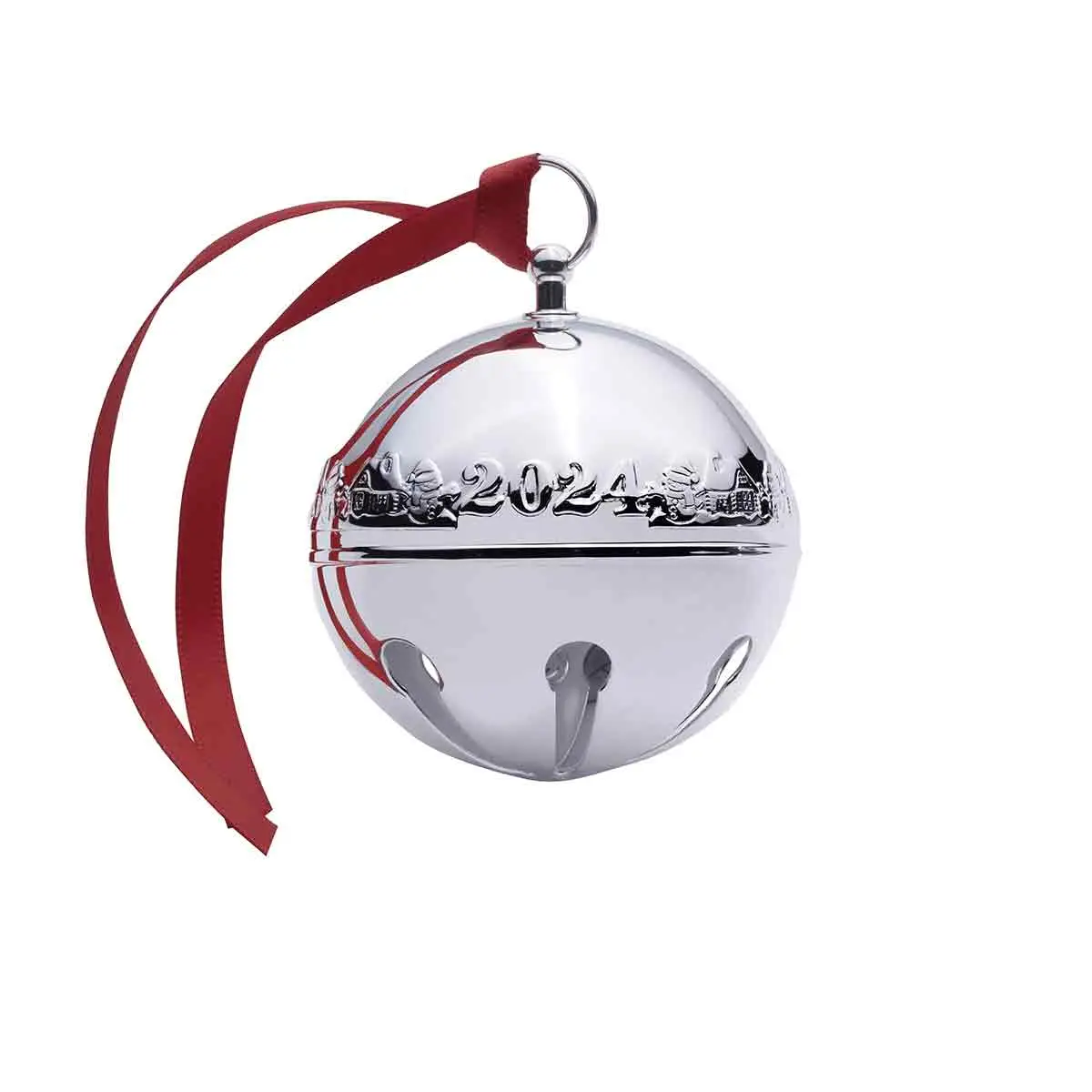 round silverplate sleigh bell ornament embossed with 2024