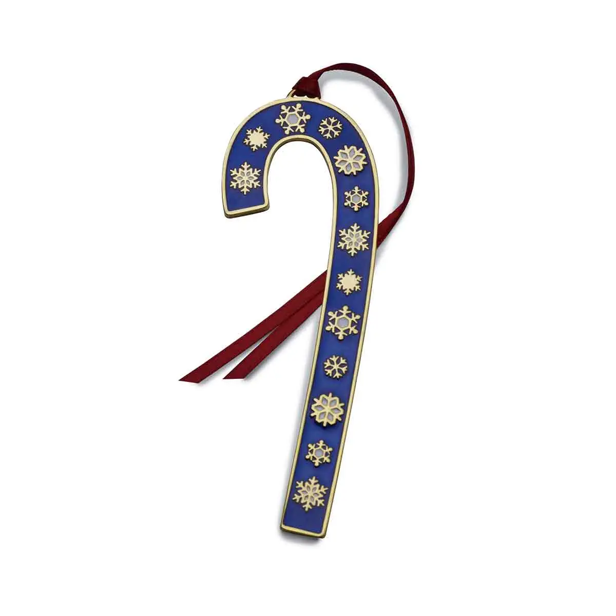 Blue and gold candy cane ornament with red haning ribbon