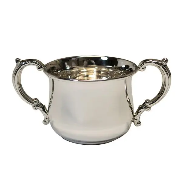 a shiny double handled sterling silver baby cup