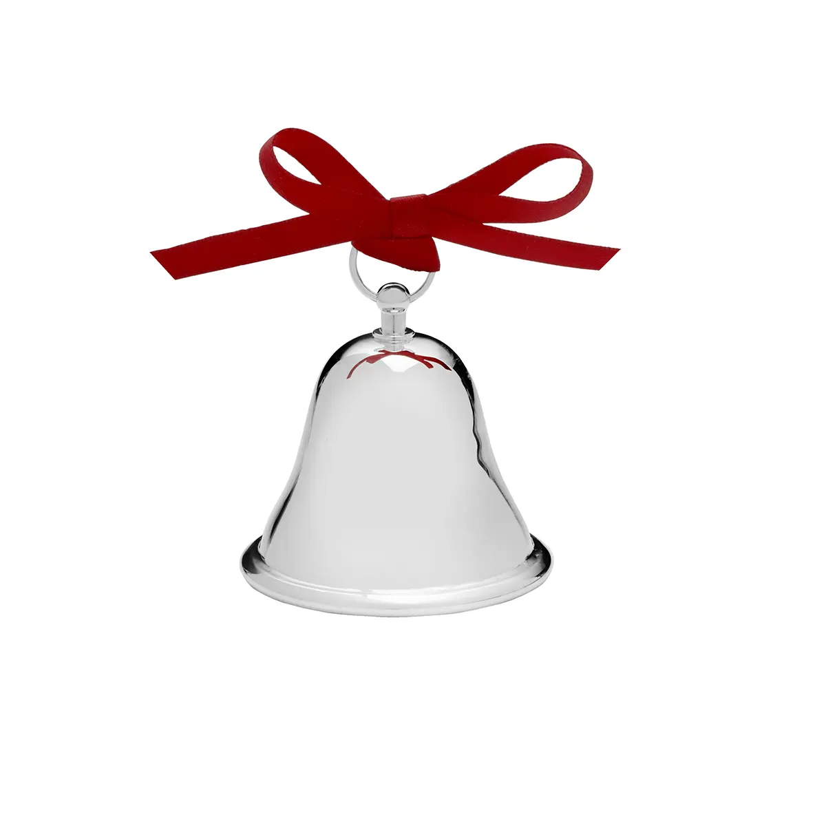 Plain sterling silver bell hanging on red ribbon