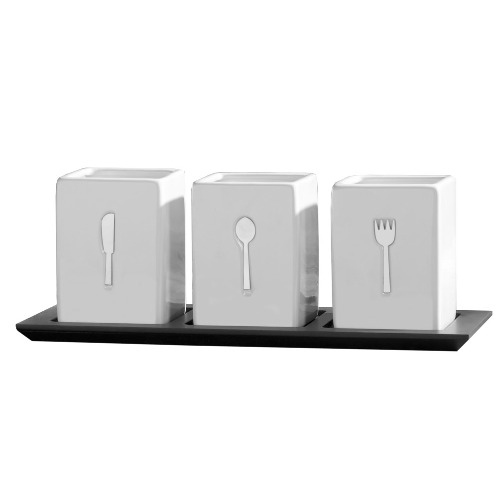 3 Piece Ceramic Caddy on Wood Tray