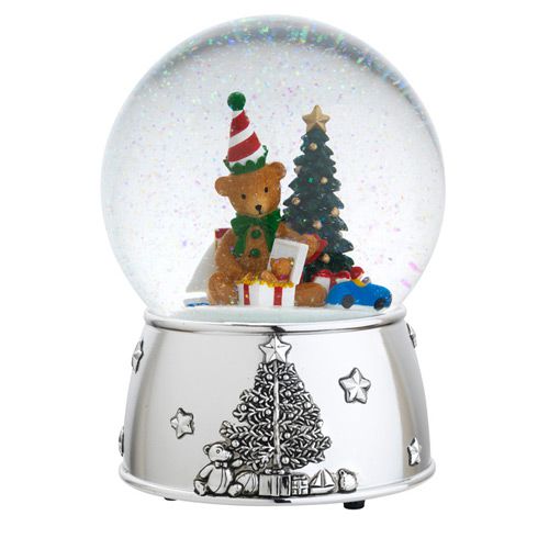 Reed and Barton Teddy Bear Siver Musical Snowglobe